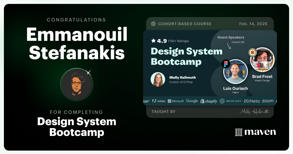 Certificate of Completion for Design System Bootcamp