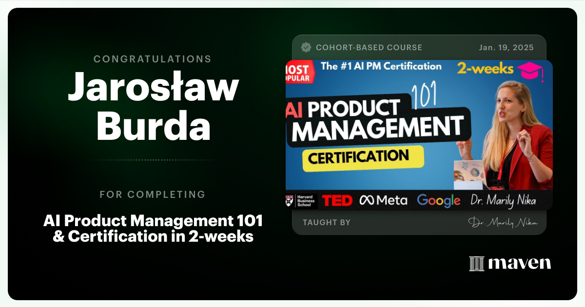 Certificate of Completion for AI Product Management 101 & Certification - Building AI Products end-to-end