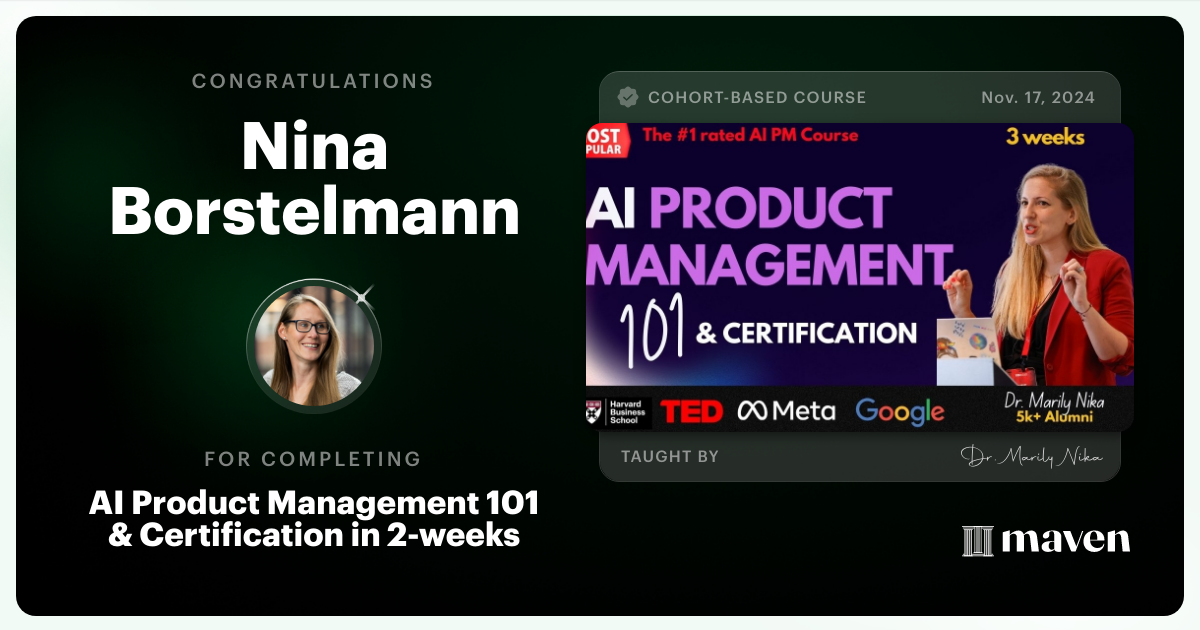 Certificate of Completion for AI Product Management 101 & Certification - Building AI Products end-to-end
