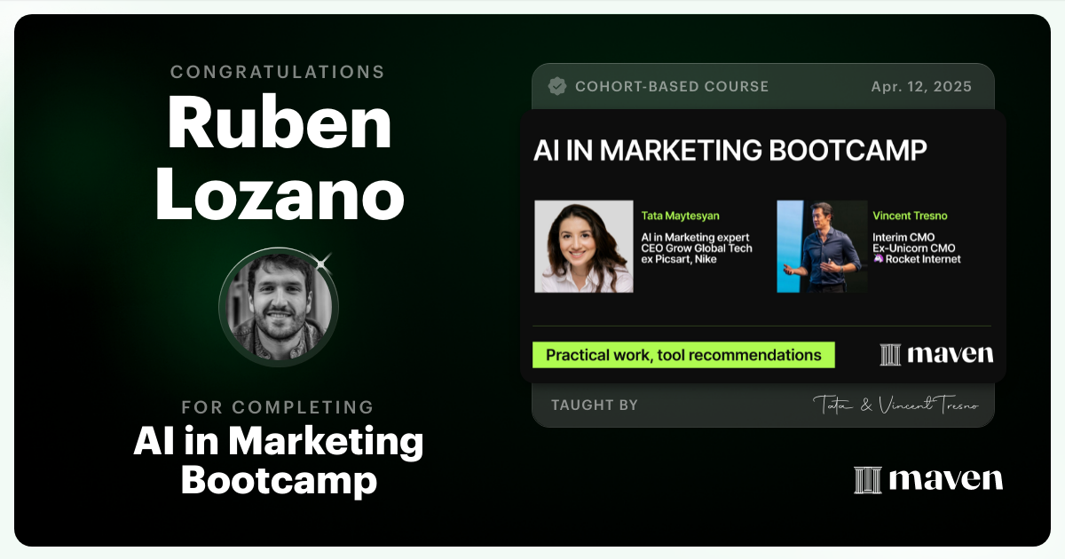 Certificate of Completion for AI in Marketing Bootcamp: 4 weeks