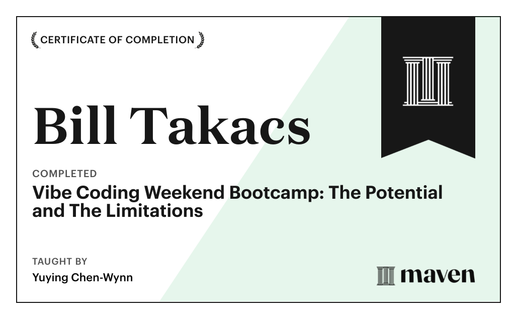 Certificate for Vibe Coding Weekend Bootcamp: The Potential and The Limitations