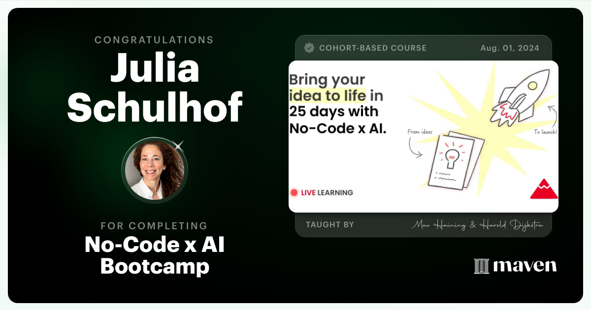 Certificate of Completion for No-Code x AI Bootcamp