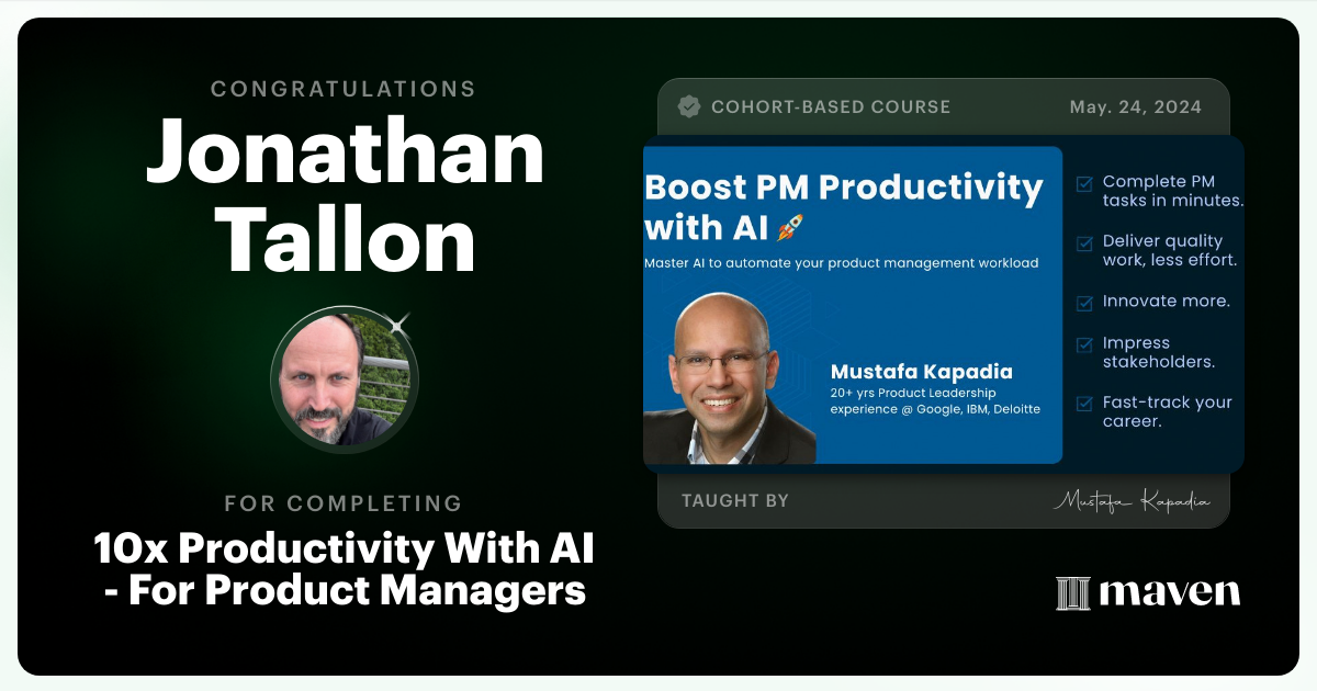 Certificate of Completion for Get Your Time Back: AI for Product Managers