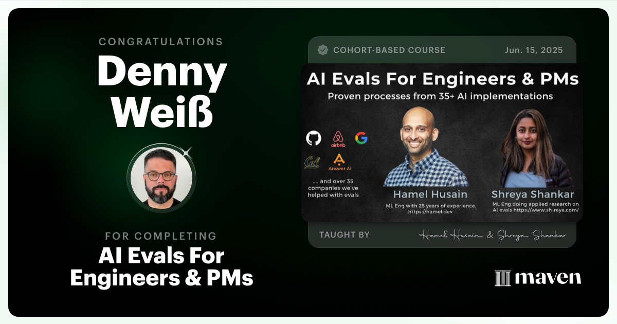 Certificate of Completion for AI Evals For Engineers & PMs