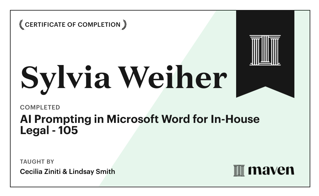 Certificate for AI Prompting in Microsoft Word for In-House Legal - 105