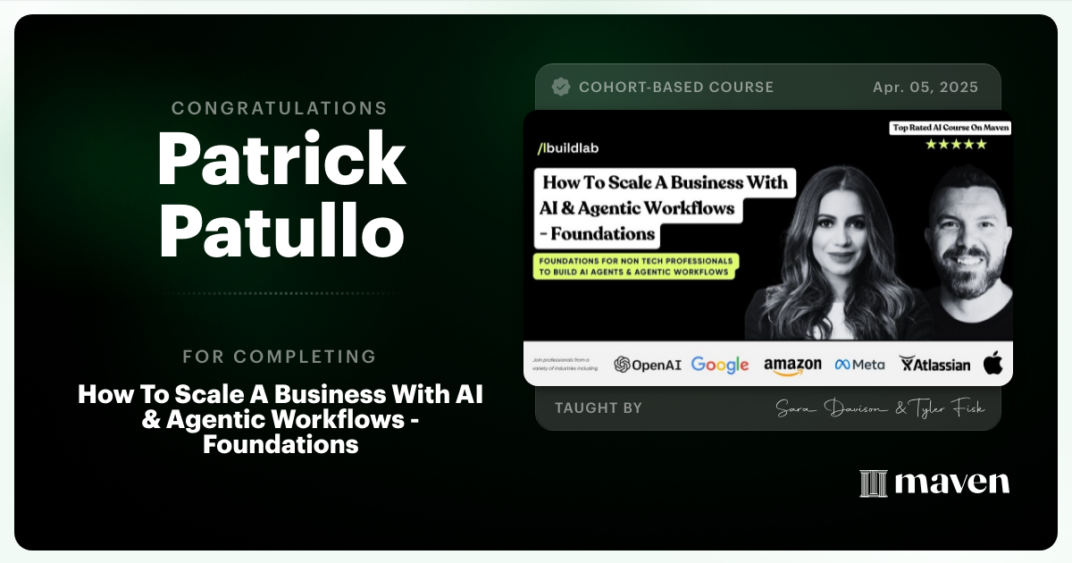 Certificate of Completion for How To Scale A Business With AI & Agentic Workflows - Foundations