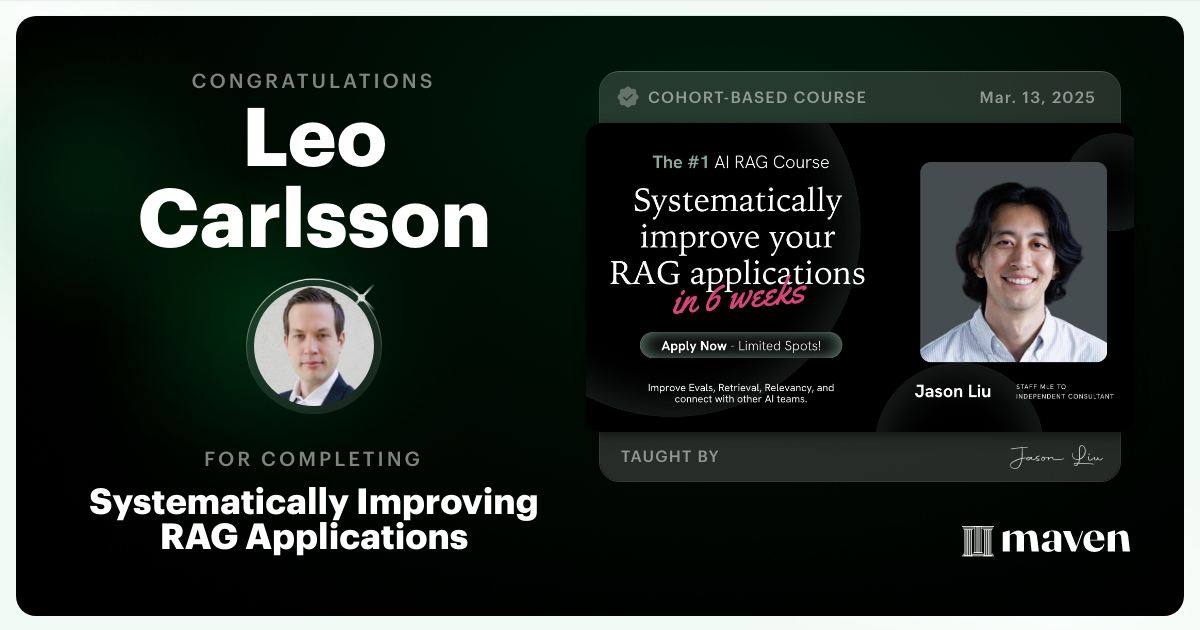 Certificate of Completion for Systematically Improving RAG Applications