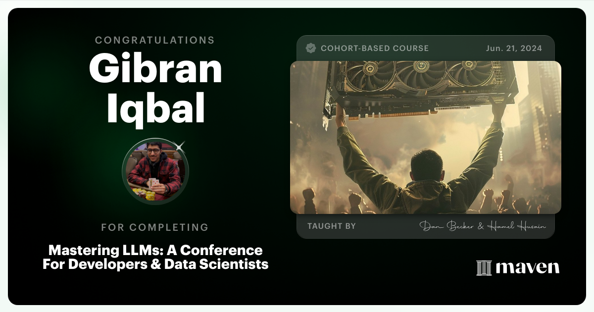 Certificate of Completion for Mastering LLMs For Developers & Data Scientists