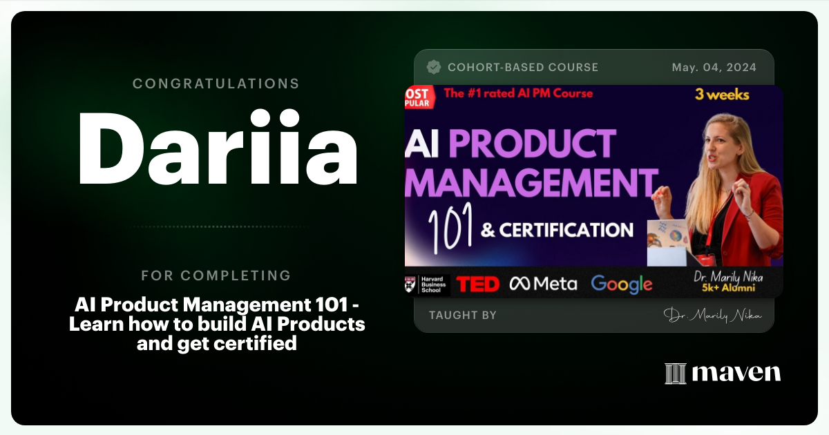Certificate of Completion for AI Product Management 101 & Certification - Building AI Products end-to-end