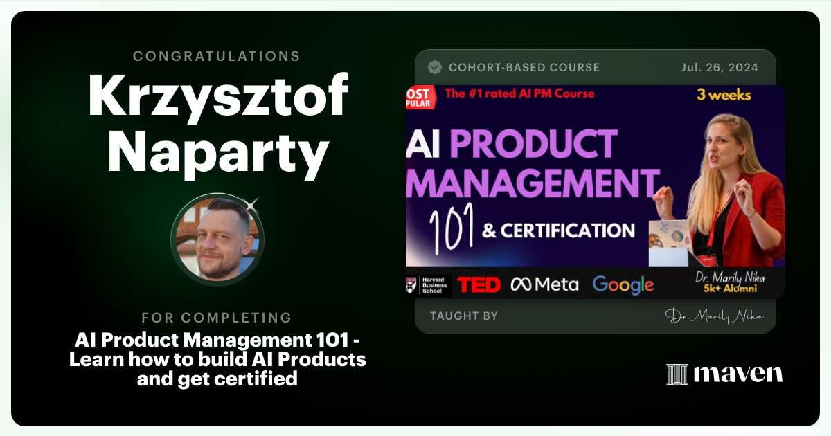 Certificate of Completion for AI Product Management 101 & Certification - Building AI Products end-to-end