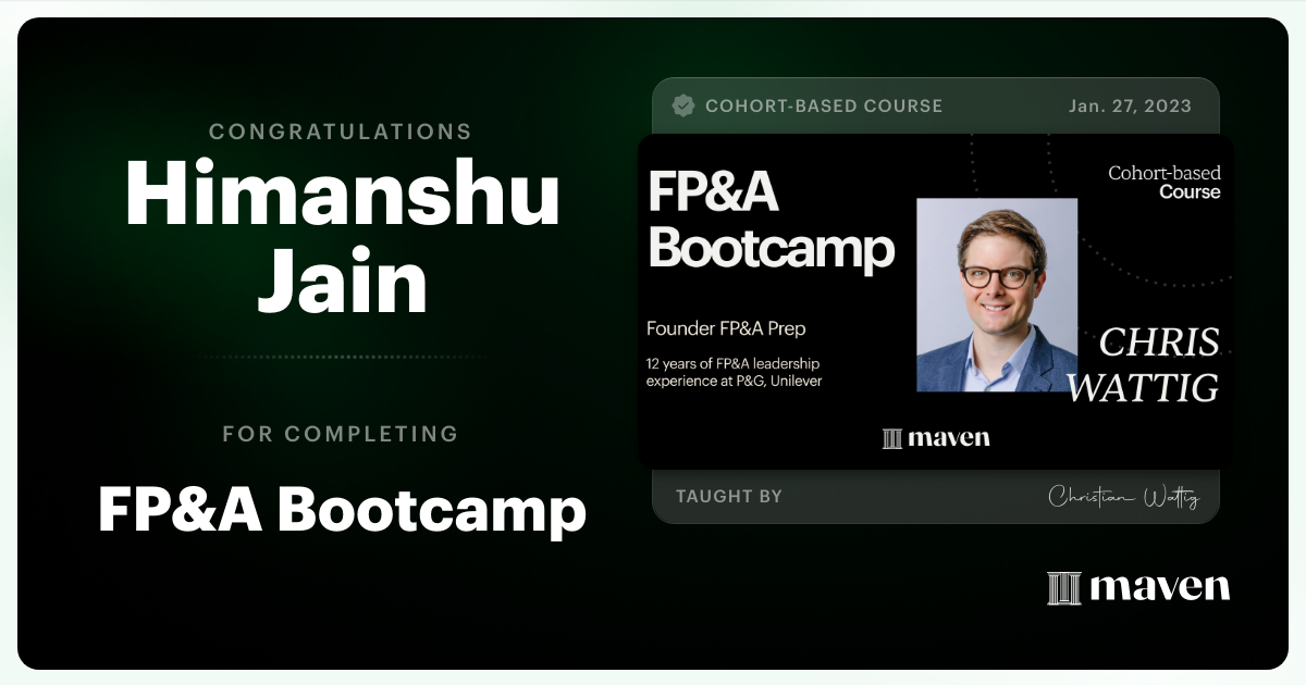 Certificate of Completion for FP&A Bootcamp