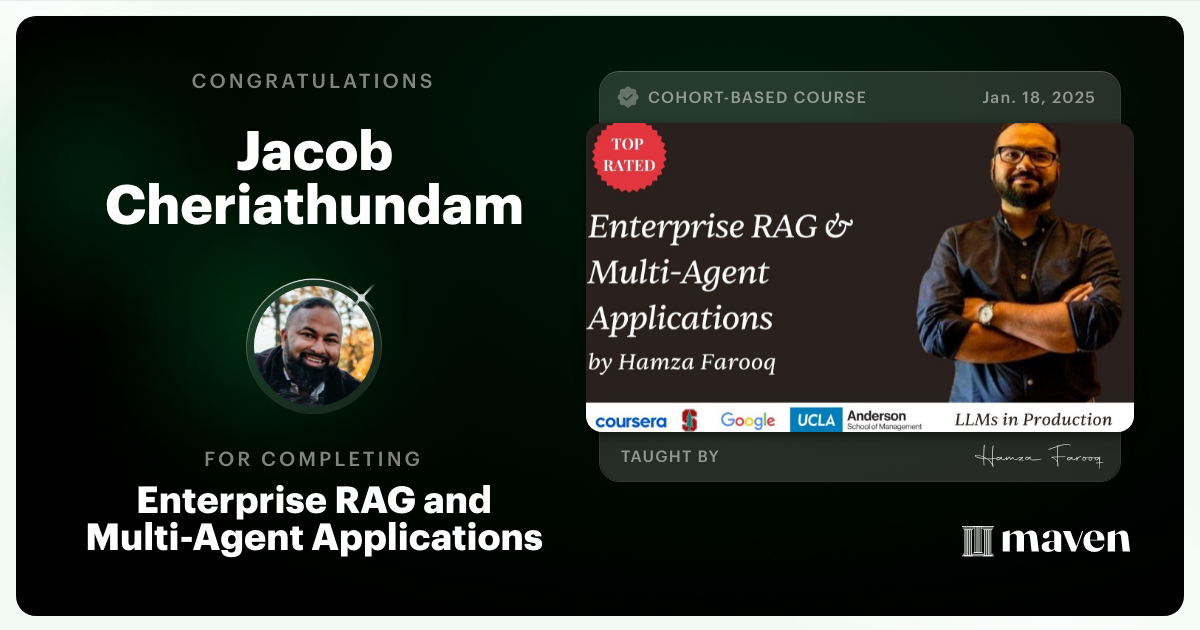 Certificate of Completion for Agent Engineering Bootcamp: Developers Edition