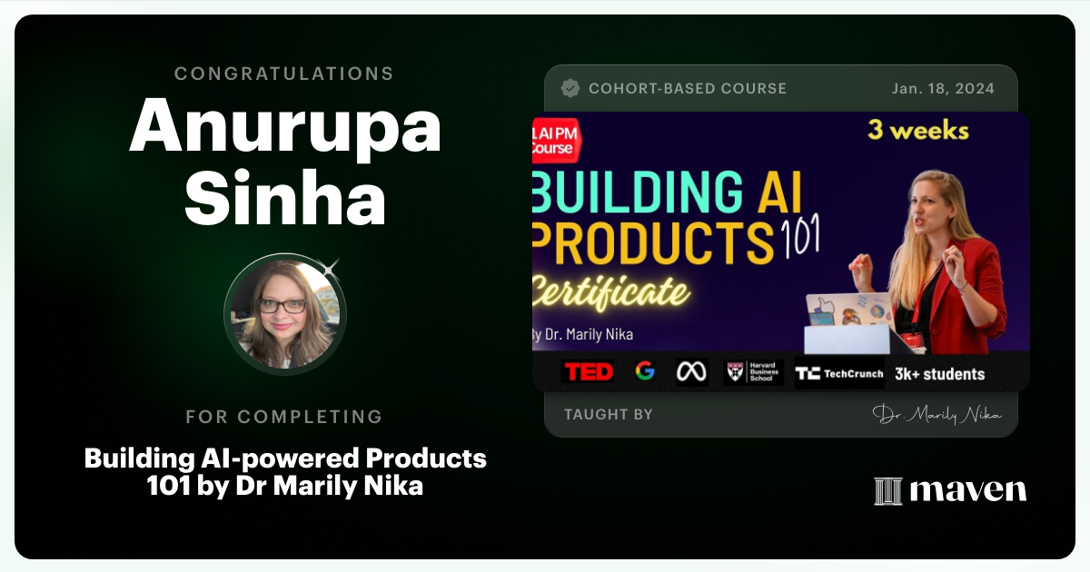 Certificate of Completion for AI Product Management 101 & Certification - Building AI Products end-to-end