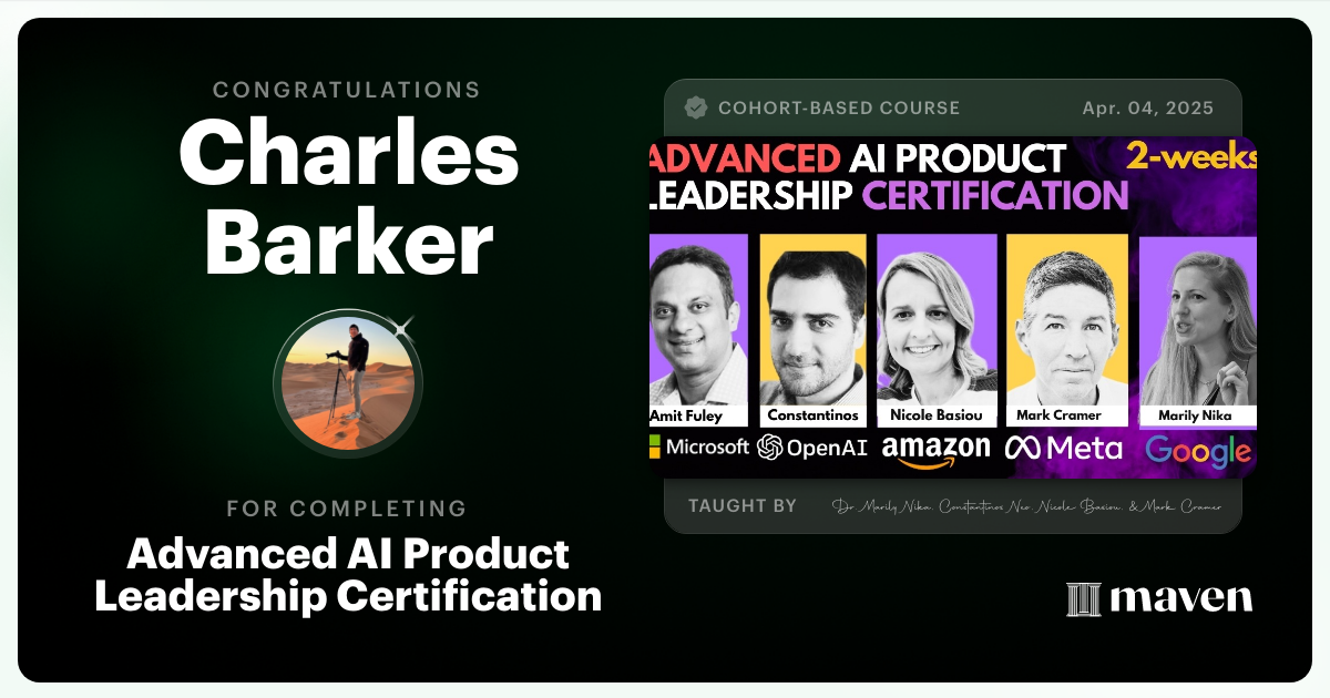Certificate of Completion for Advanced AI Product Leadership Certification