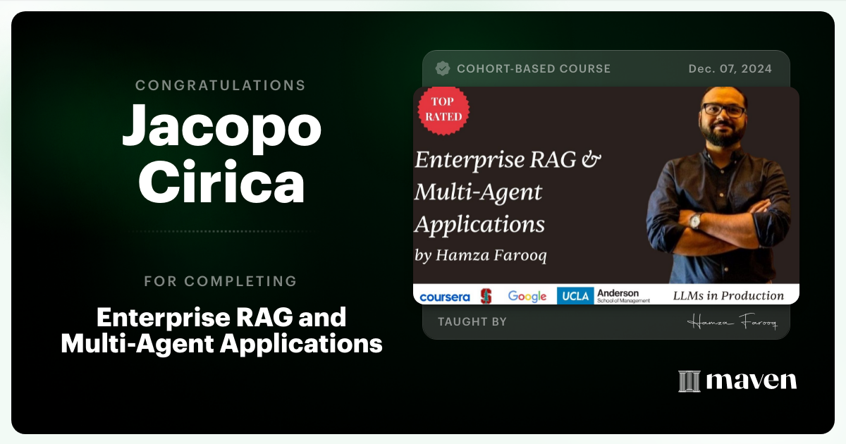 Certificate of Completion for Agent Engineering Bootcamp: Developers Edition