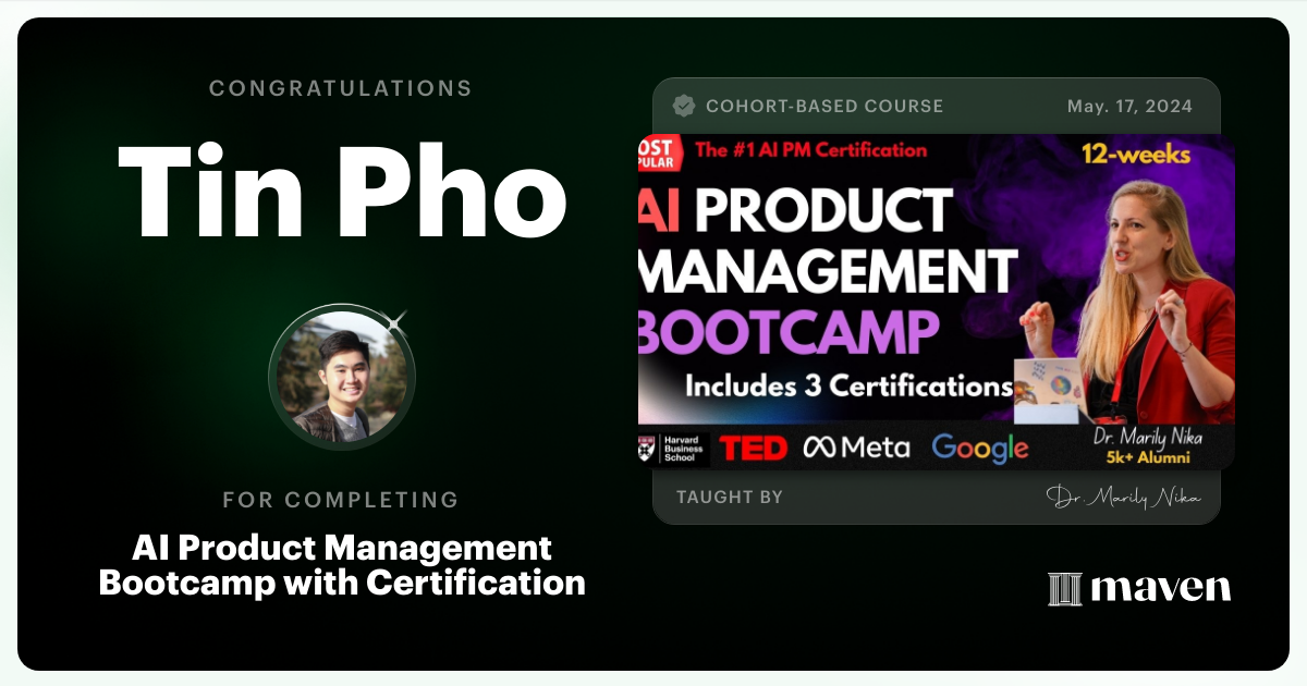 Certificate of Completion for AI Product Management Bootcamp & Certification by AI Product Academy