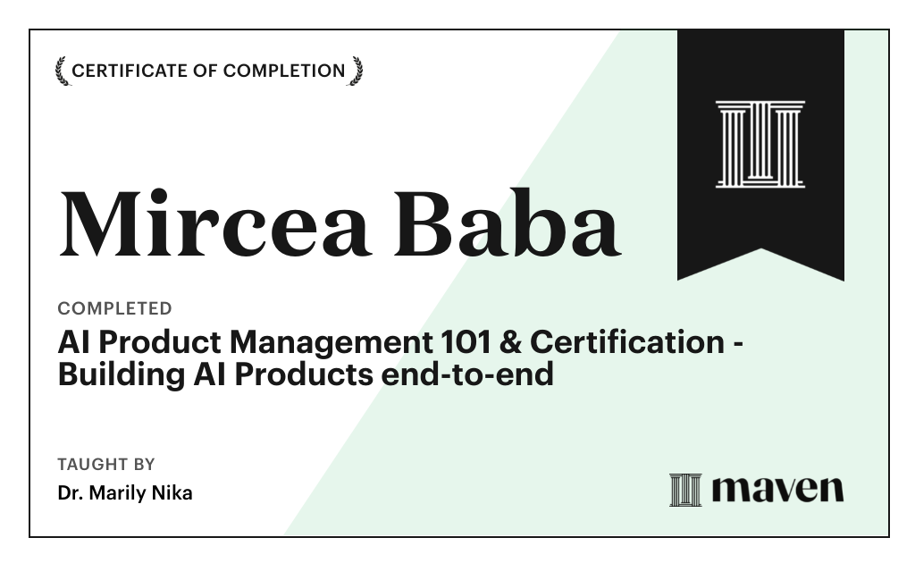 Certificate for AI Product Management 101 & Certification - Building AI Products end-to-end