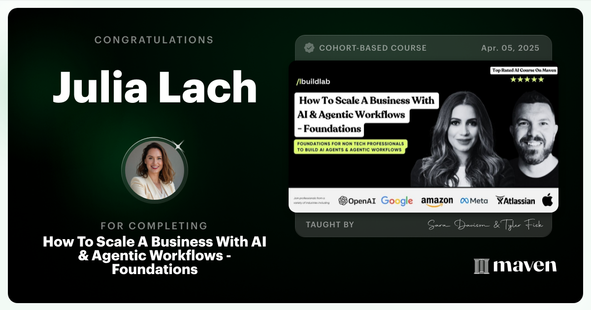 Certificate of Completion for How To Scale A Business With AI & Agentic Workflows - Foundations