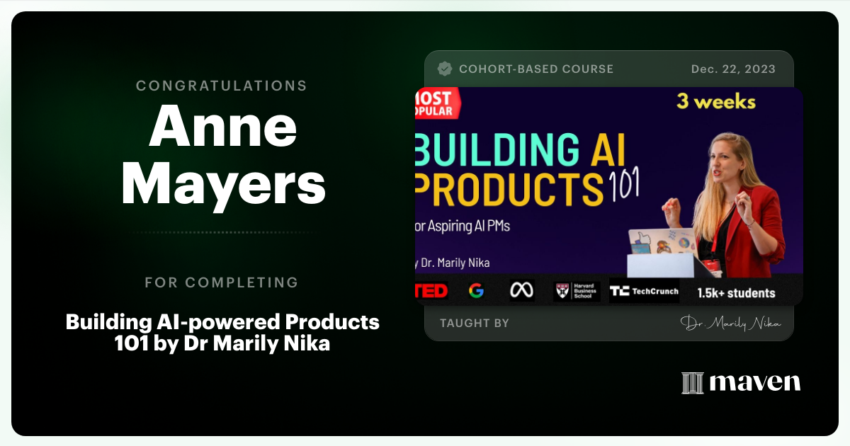 Certificate of Completion for AI Product Management 101 & Certification - Building AI Products end-to-end