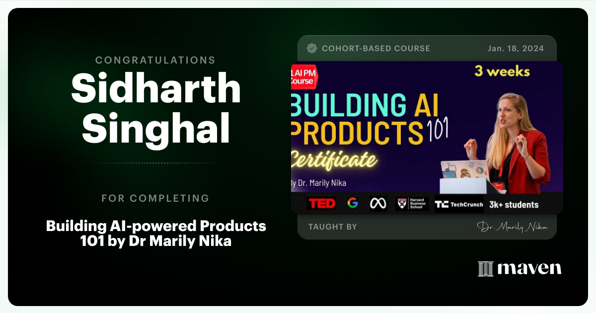 Certificate of Completion for AI Product Management 101 & Certification - Building AI Products end-to-end