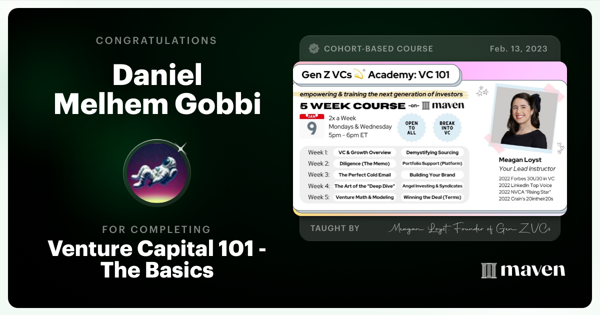 Certificate of Completion for Venture Capital 101 - The Basics