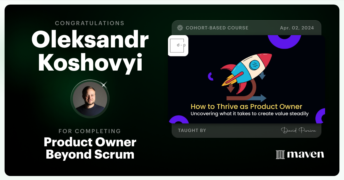 Certificate of Completion for Product Owner Beyond Scrum