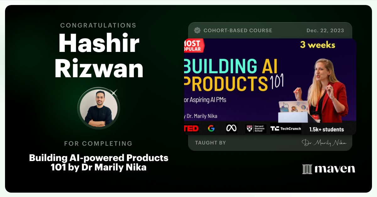 Certificate of Completion for AI Product Management 101 & Certification - Building AI Products end-to-end