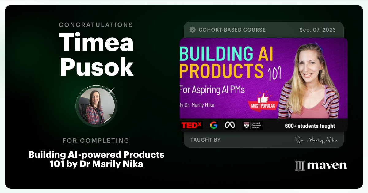 Certificate of Completion for AI Product Management 101 & Certification - Building AI Products end-to-end