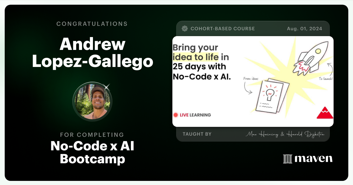 Certificate of Completion for No-Code x AI Bootcamp