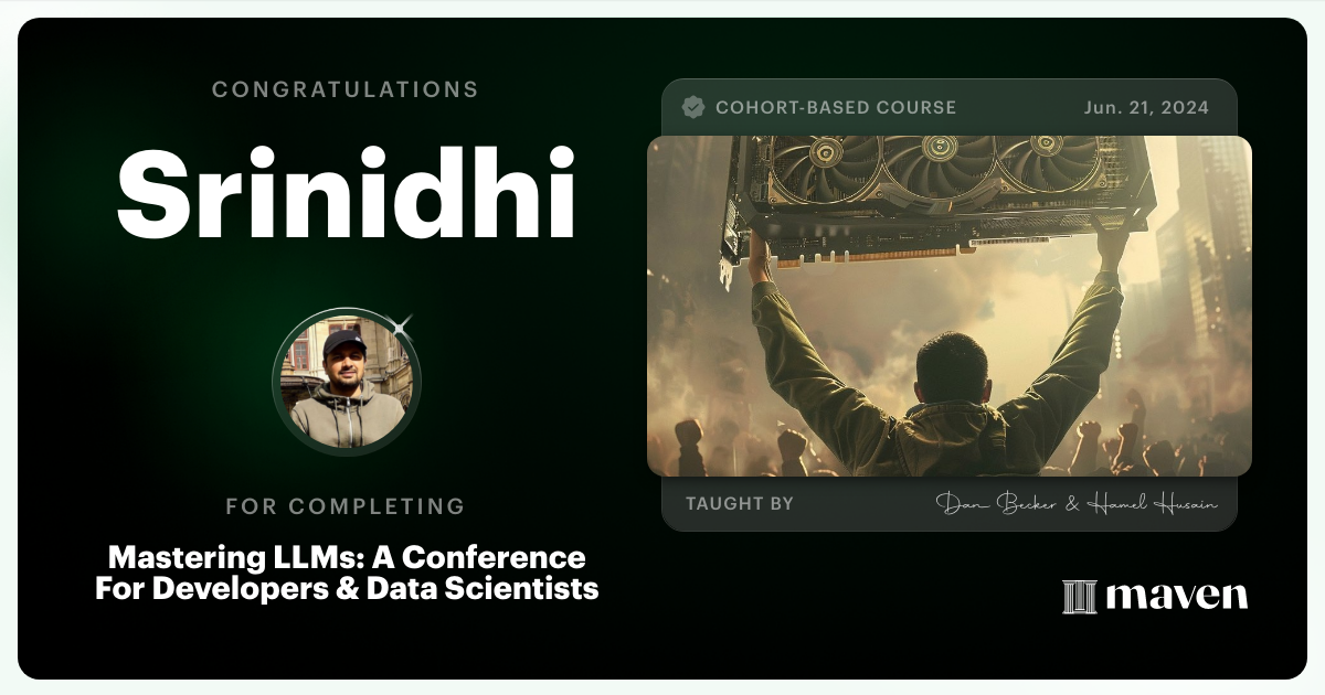 Certificate of Completion for Mastering LLMs For Developers & Data Scientists