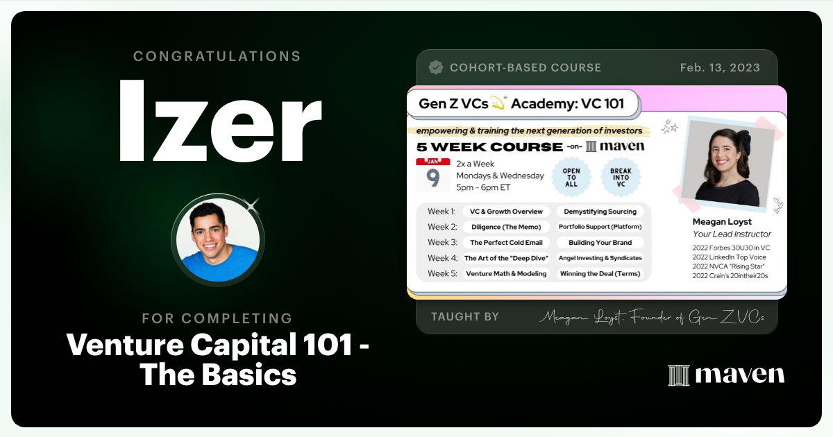 Certificate of Completion for Venture Capital 101 - The Basics