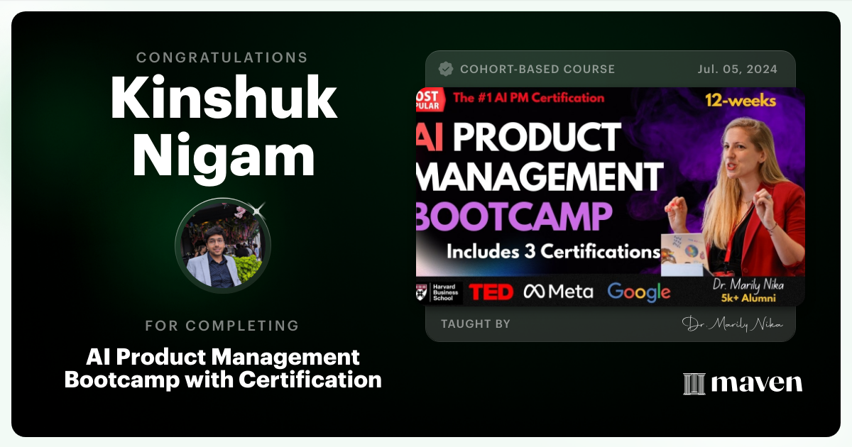 Certificate of Completion for AI Product Management Bootcamp & Certification by AI Product Academy