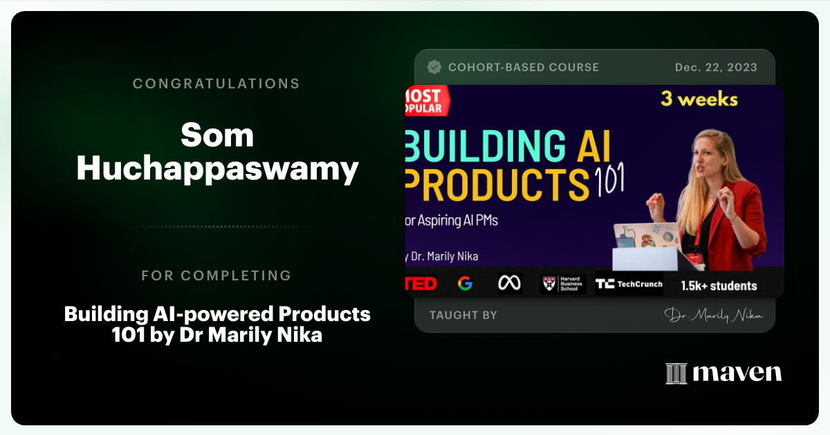 Certificate of Completion for AI Product Management 101 & Certification - Building AI Products end-to-end