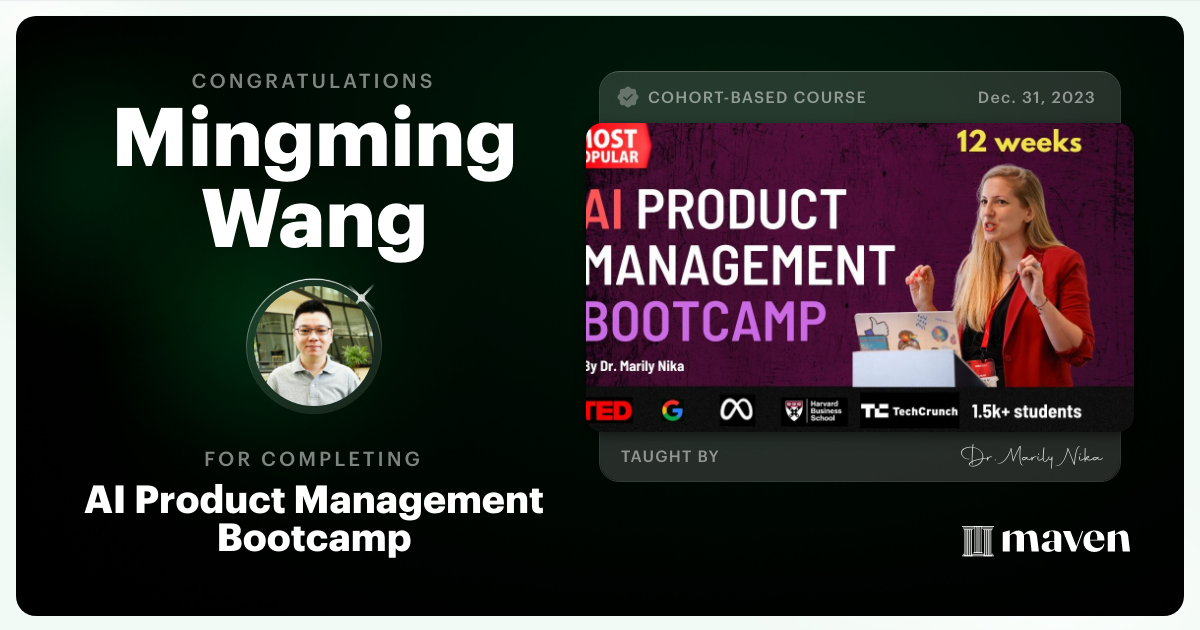 Certificate of Completion for AI Product Management Bootcamp & Certification by AI Product Academy