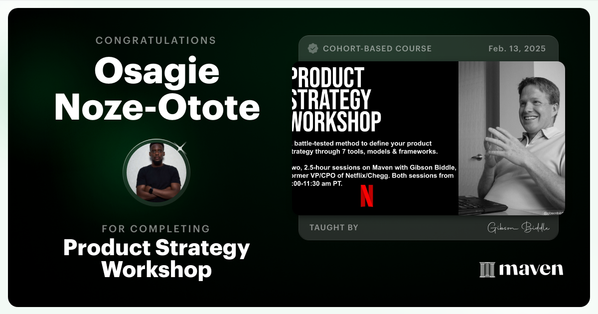 Certificate of Completion for Product Strategy Workshop