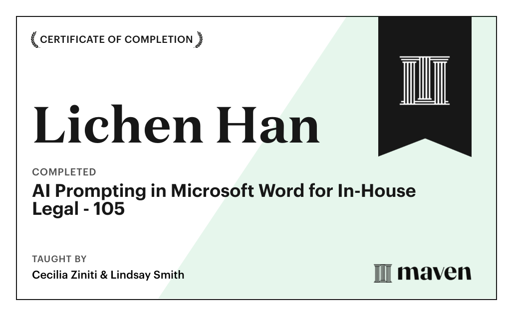 Certificate for AI Prompting in Microsoft Word for In-House Legal - 105