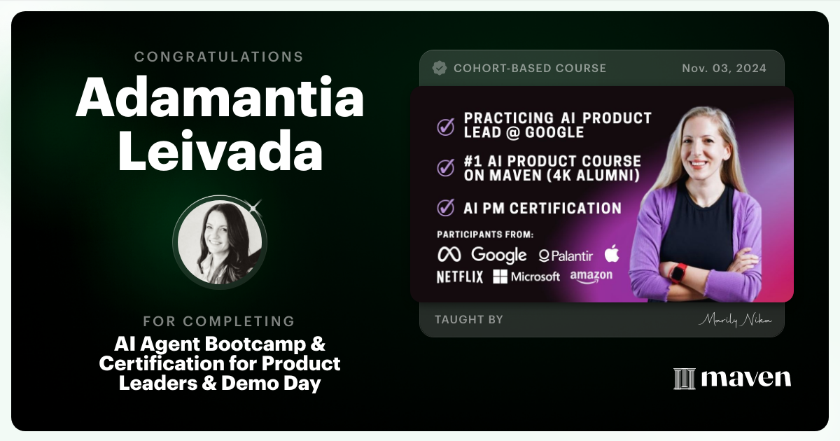 Certificate of Completion for AI Agent Bootcamp 101 for Product Leaders
