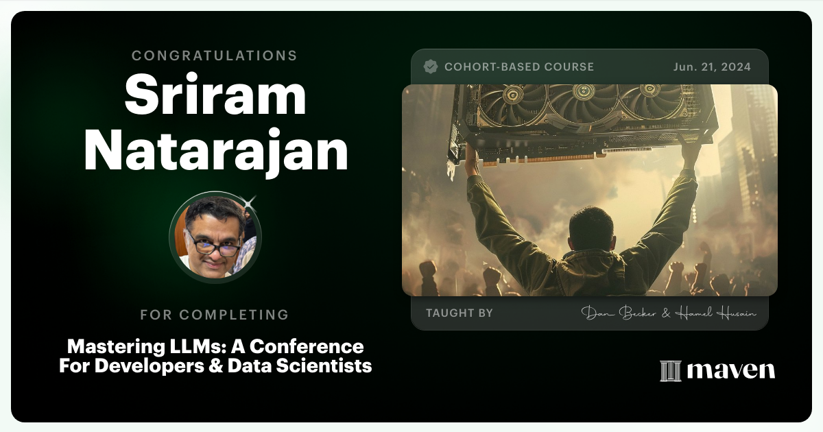 Certificate of Completion for Mastering LLMs For Developers & Data Scientists