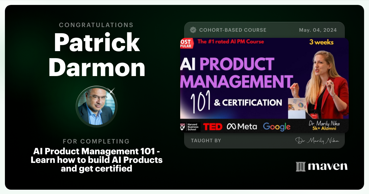 Certificate of Completion for AI Product Management 101 & Certification - Building AI Products end-to-end