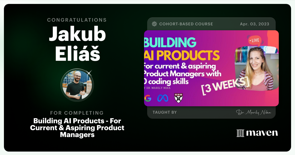Certificate of Completion for AI Product Management 101 & Certification - Building AI Products end-to-end