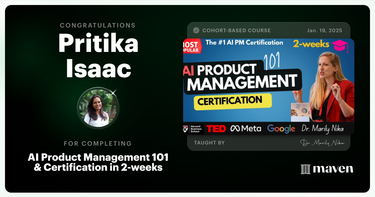 Certificate of Completion for AI Product Management 101 & Certification - Building AI Products end-to-end