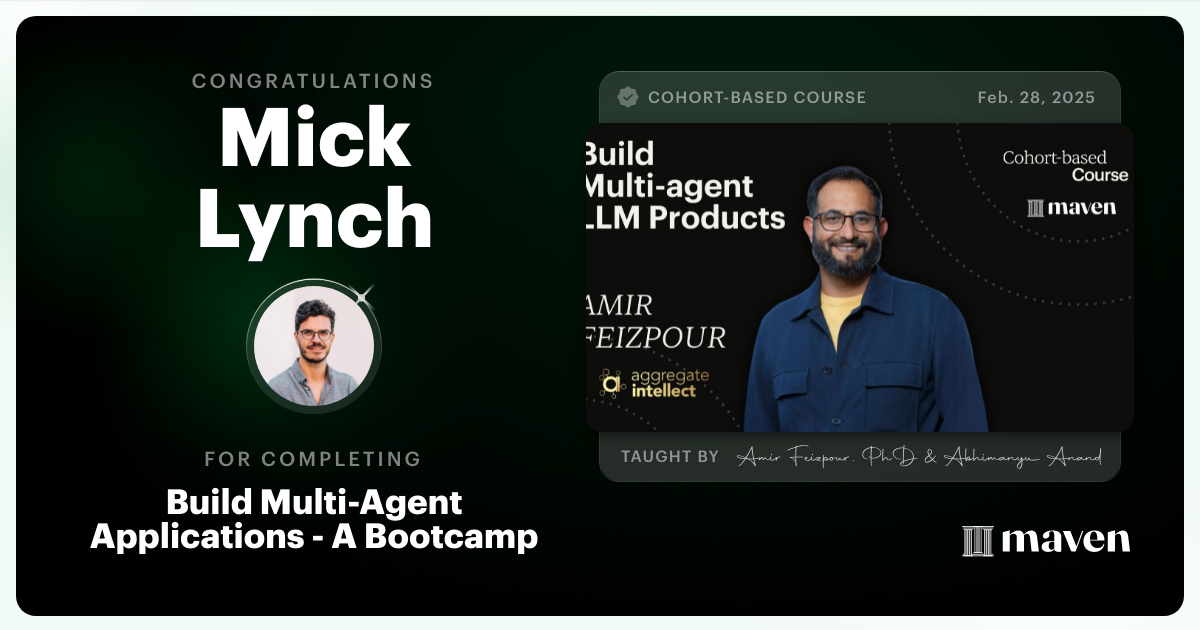 Certificate of Completion for AI Agents for Pragmatic Builders - Claude Code, LangGraph, n8n