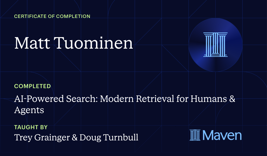 Certificate for AI-Powered Search: Modern Retrieval for Humans & Agents