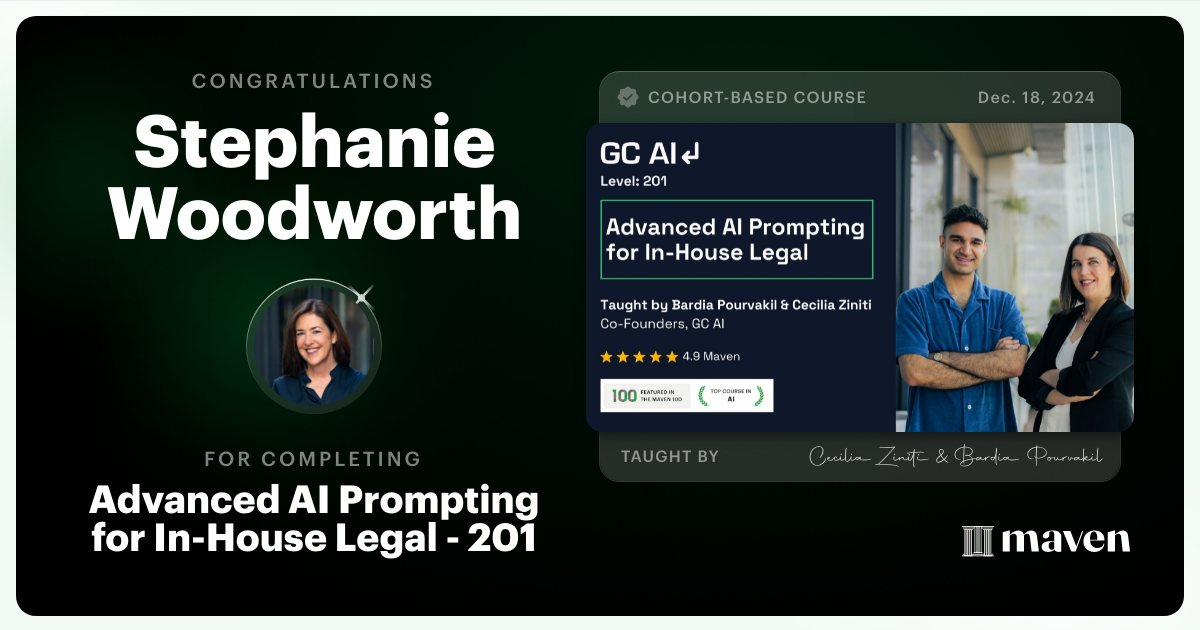 Certificate of Completion for Advanced AI Prompting for In-House Legal - 201
