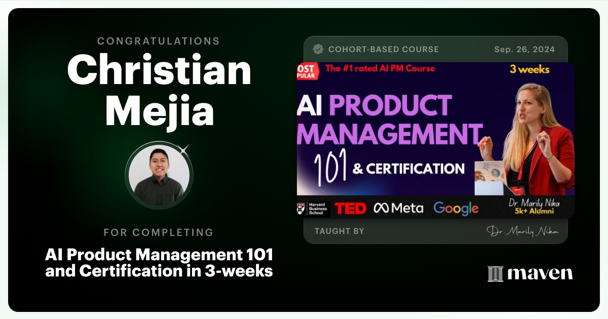 Certificate of Completion for AI Product Management 101 & Certification - Building AI Products end-to-end