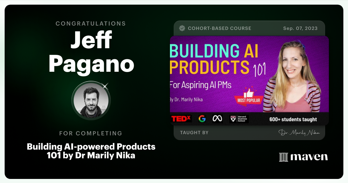 Certificate of Completion for AI Product Management 101 & Certification - Building AI Products end-to-end