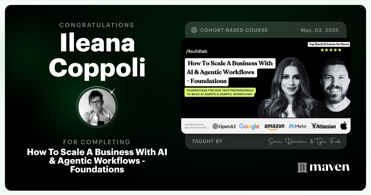 Certificate of Completion for How To Scale A Business With AI & Agentic Workflows - Foundations