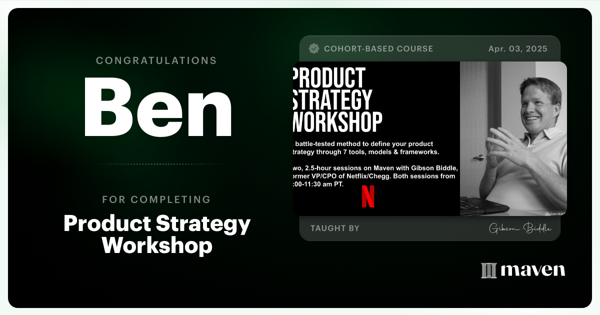 Certificate of Completion for Product Strategy Workshop