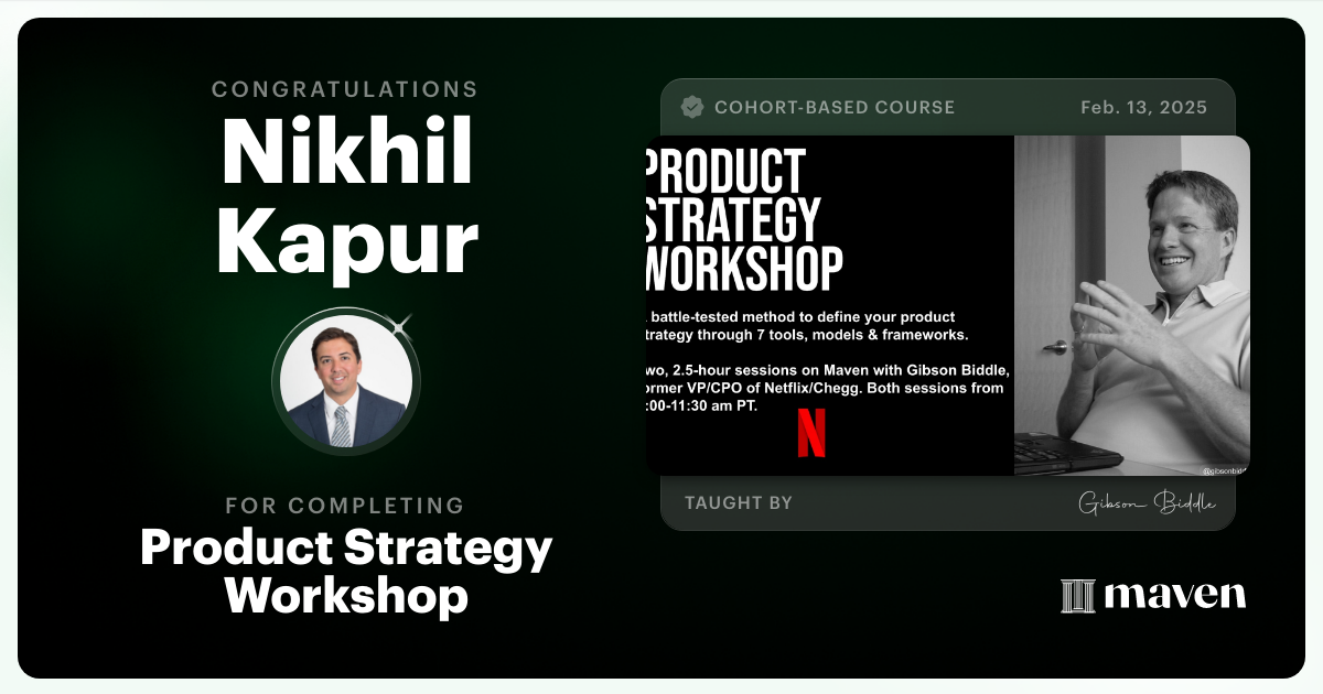 Certificate of Completion for Product Strategy Workshop