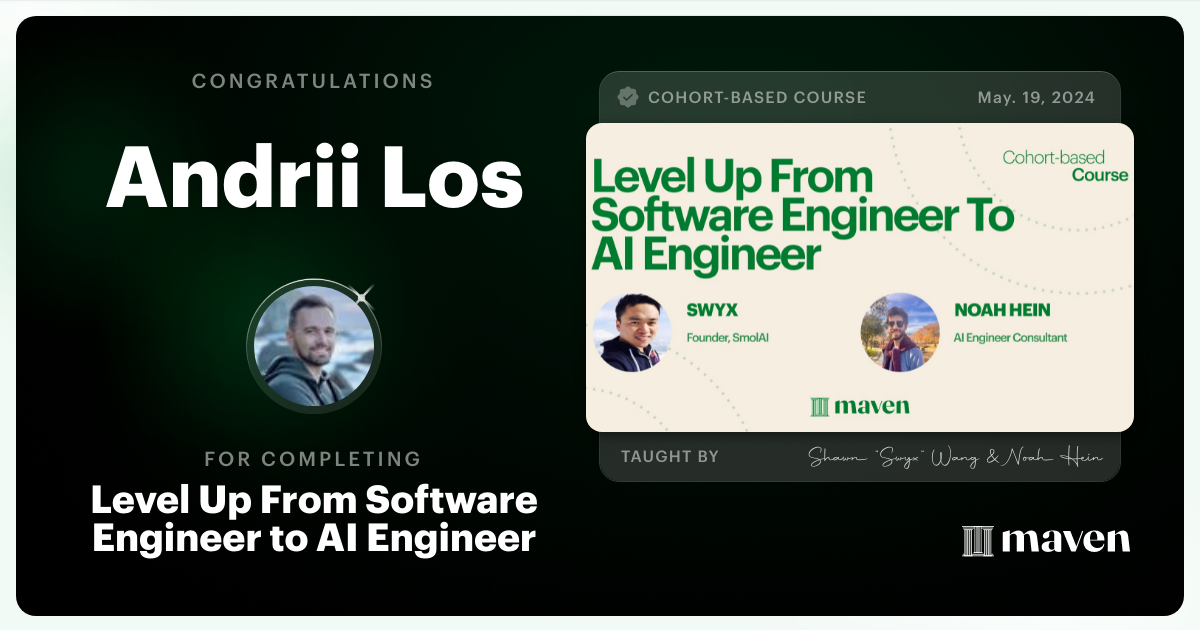 Certificate of Completion for Level Up From Software Engineer to AI Engineer
